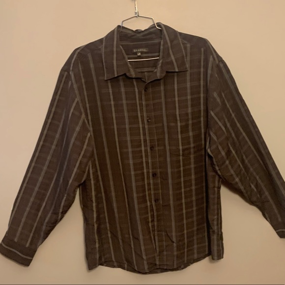 Brown stripe button up shirt, L - Picture 1 of 3